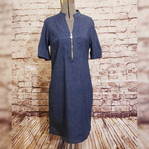 NWT Anne Klein Denim Shift Dress Zipper Neck Tab Sleeves Size 4 - Picture 4 of 8